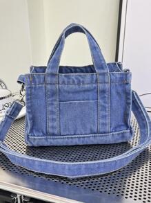 女士時尚休閒牛仔托特包 - 藍色 - 查看 1