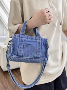 女士時尚休閒牛仔托特包 - 藍色 - 查看 2