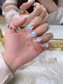 10入組長棺材形狀肉色假指甲，帶有蝴蝶、星月和圖案鑲嵌水鑽，附有隨機顏色果凍膠，還配有美甲貼片、指甲鉗和指甲修剪器，美甲用品 - 彩色 - 查看 3