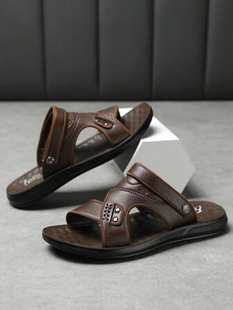 Men Litchi Embossed Studded Decor Sandals, Fashionable Outdoor Casual Sandals
