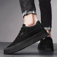 男士圆头系带厚底休闲运动鞋滑板鞋，透气，防滑，耐磨，适合工作，春秋季 - 黑色 - 查看 7