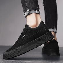 男士圆头系带厚底休闲运动鞋滑板鞋，透气，防滑，耐磨，适合工作，春秋季 - 黑色 - 查看 3