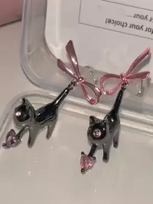 2件套黑猫粉色爱心水晶蝴蝶结吊坠耳环，可爱创意个性Y2K美学吊坠耳环，2023新款首饰 - 彩色 - 查看 1
