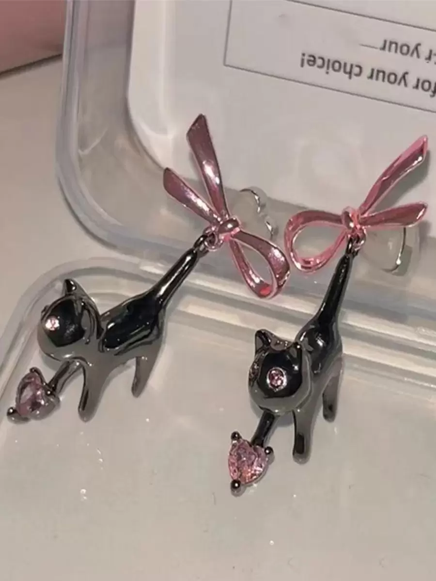 2件套黑猫粉色爱心水晶蝴蝶结吊坠耳环，可爱创意个性Y2K美学吊坠耳环，2023新款首饰 - 彩色 - 查看 1