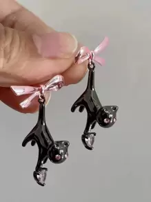 2件套黑猫粉色爱心水晶蝴蝶结吊坠耳环，可爱创意个性Y2K美学吊坠耳环，2023新款首饰 - 彩色 - 查看 3