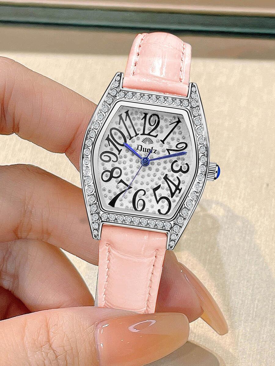 Duolz Đồng hồ thạch anh trang trí bằng đá rhinestone - Hồng - Xem 1