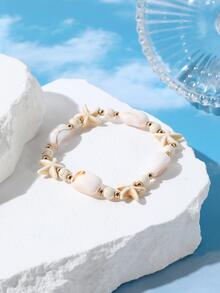 1入組白色海星,綠松石色,貝殼波西米亞風格海洋串珠海灘手環