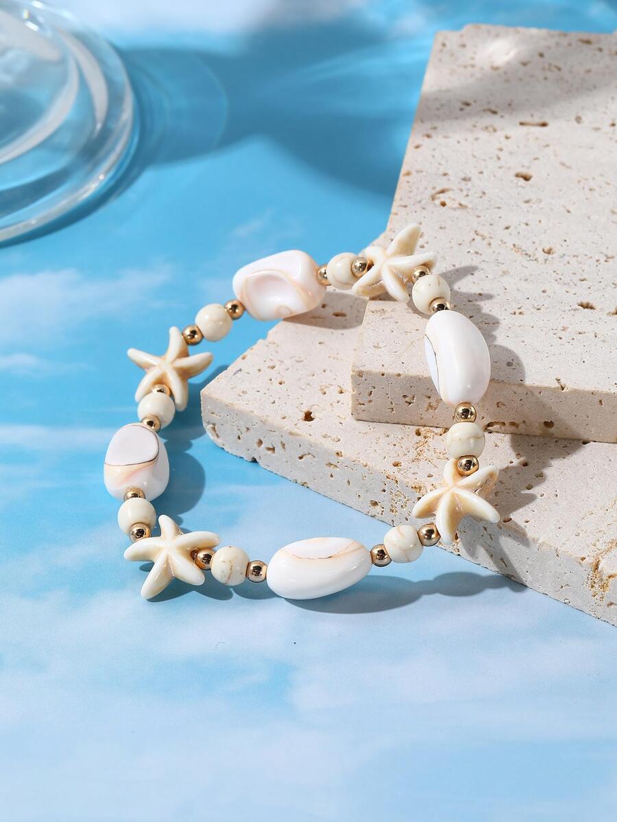 1入組白色海星,綠松石色,貝殼波西米亞風格海洋串珠海灘手環