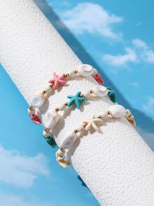 1入組白色海星,綠松石色,貝殼波西米亞風格海洋串珠海灘手環