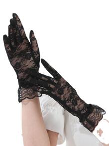 Elegant 1 Pair Solid Flower Lace Decor Bridal Full Finger Gloves For Women Boys Girls Gifts Halloween Valentine's Day Valentines - Black - View 3