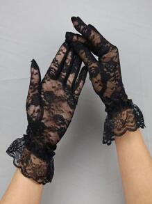 Elegant 1 Pair Solid Flower Lace Decor Bridal Full Finger Gloves For Women Boys Girls Gifts Halloween Valentine's Day Valentines - Black - View 2