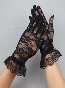 Elegant 1 Pair Solid Flower Lace Decor Bridal Full Finger Gloves For Women Boys Girls Gifts Halloween Valentine's Day Valentines - Black - View 1
