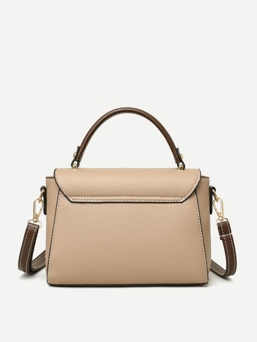 Vintage Simple Contrast Color Tote Bag Retro Flap Handbag For Women