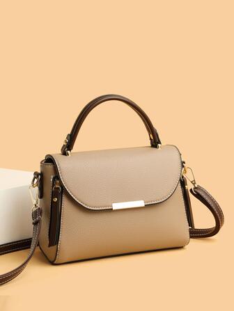 Vintage enkel kontrastfärgad tote-väska retro handväska med klaff för kvinnor, färgkontrast axelväska, moderiktig flerskiktsväska med topphandtag, trendig affärsväska för kvinnor, perfekt för kontor, affärer och arbete