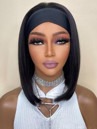 Synthetic Heat Resistant Wigs Straight Short Bob Headband Wig Natural Black12 Inch Synthetic Wigs For  Daily Used