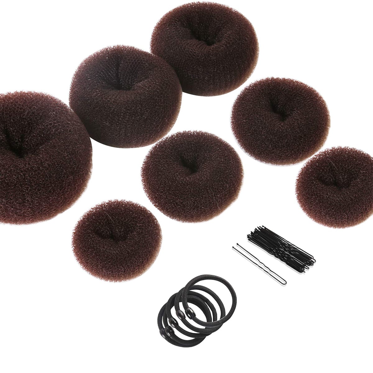 Donut Hair Bun Maker 7 Pieces, Ring Style Bun Maker Set With (1 Extra-Large, 2 Large, 2 Medium And 2 Small), 5 Pieces Hair Elastic Bands, 20 Pieces Hair Pins(Brown) Casual Hair Ties Ponytail Holders Hair Elastics Hair Rubber Bands Scrunchies Hair Rope Elastic Hair Tie, Hair Bobbles Hair Accessories Head Accessories
