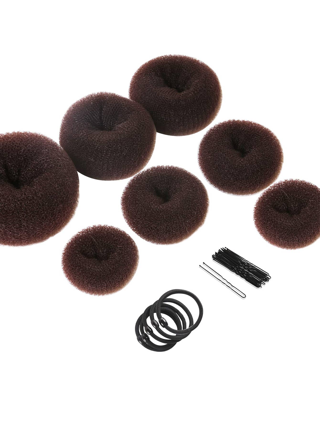 甜甜圈发髻器套装（7 件），环形发髻器套装（1 个特大号、2 个大号、2 个中号和 2 个小号），5 个发圈，20 个发夹（棕色），休闲发圈，马尾辫发圈，发圈，橡皮筋，发绳，弹性发圈，发饰，头部饰品