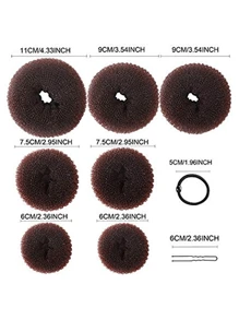 甜甜圈发髻器套装（7 件），环形发髻器套装（1 个特大号、2 个大号、2 个中号和 2 个小号），5 个发圈，20 个发夹（棕色），休闲发圈，马尾辫发圈，发圈，橡皮筋，发绳，弹性发圈，发饰，头部饰品