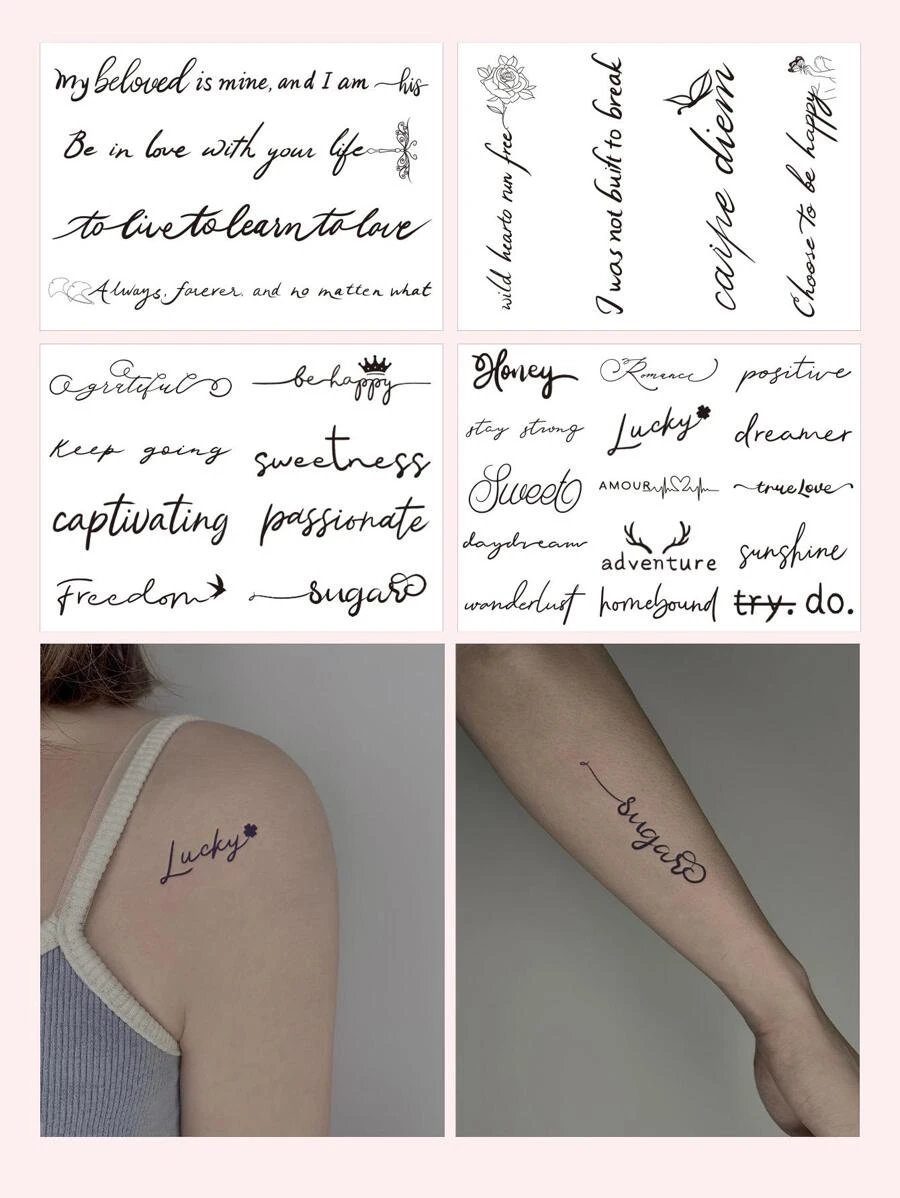 Conjunto De Pegatinas De Tatuajes De Frases En Inglés Frescas E Inspiradoras 02 - Negro - Ver 1