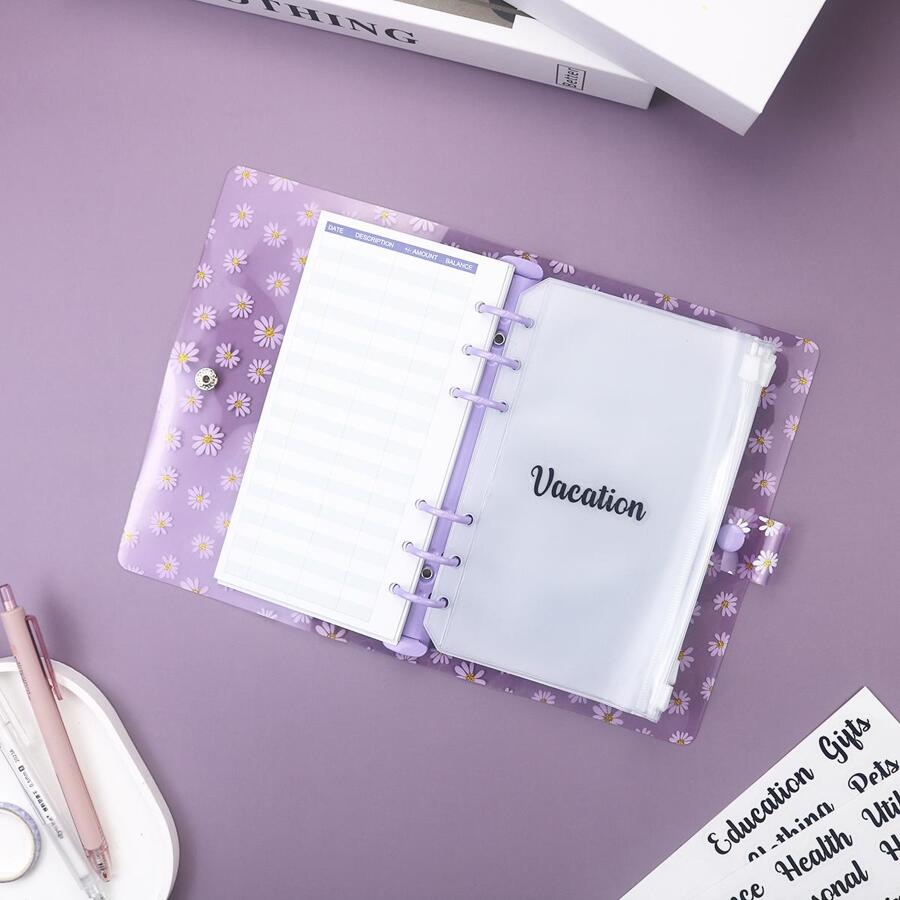 A6 Chrysanthemum Print Loose-leaf Cover Budget Planner Set, Including 1pc Budget Paper, 8pcs Loose-leaf Bag And 2pcs English Stickers - Purple - View 1