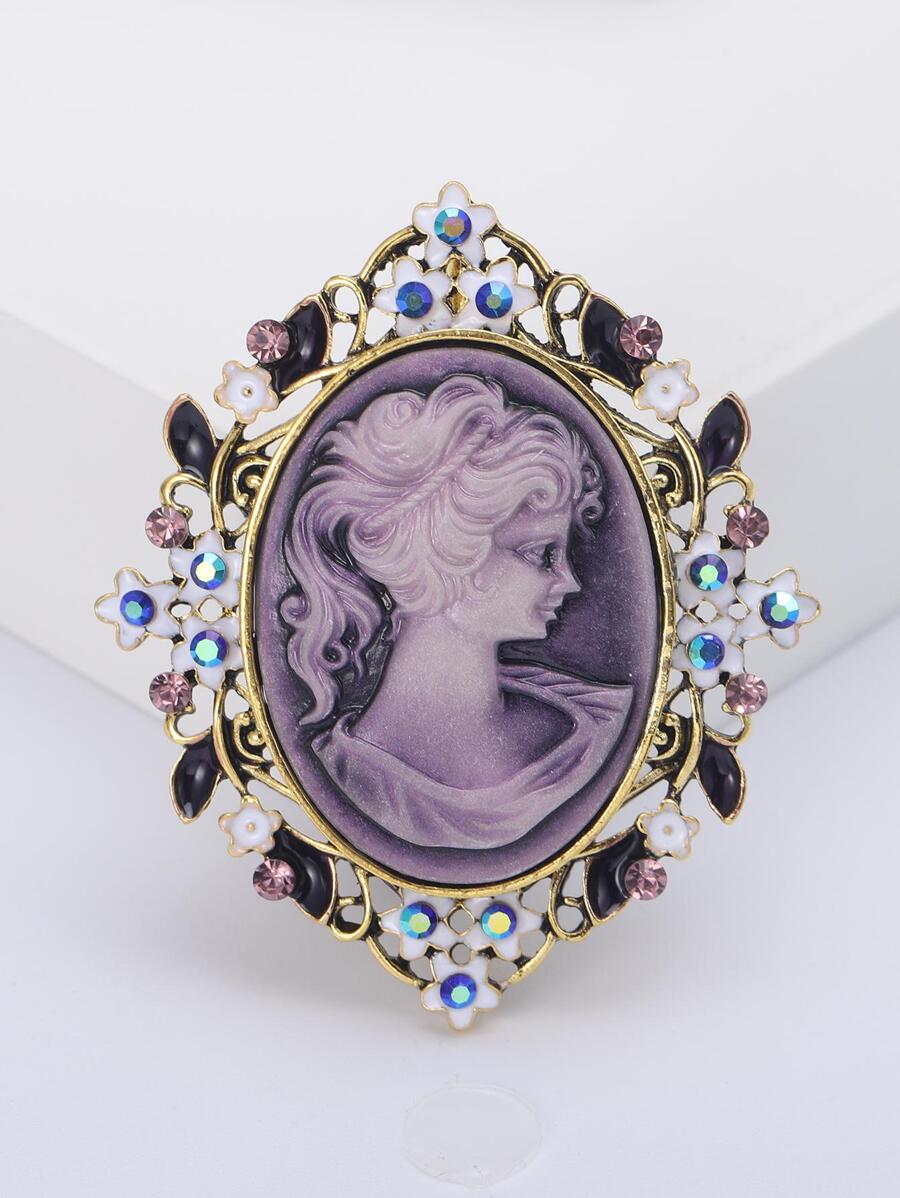 1入組合金女士肖像框架设计胸針,合適的適用於女性宴會 - 金黃色 - 查看 1