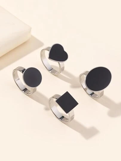 4入組心和方形裝飾戒指