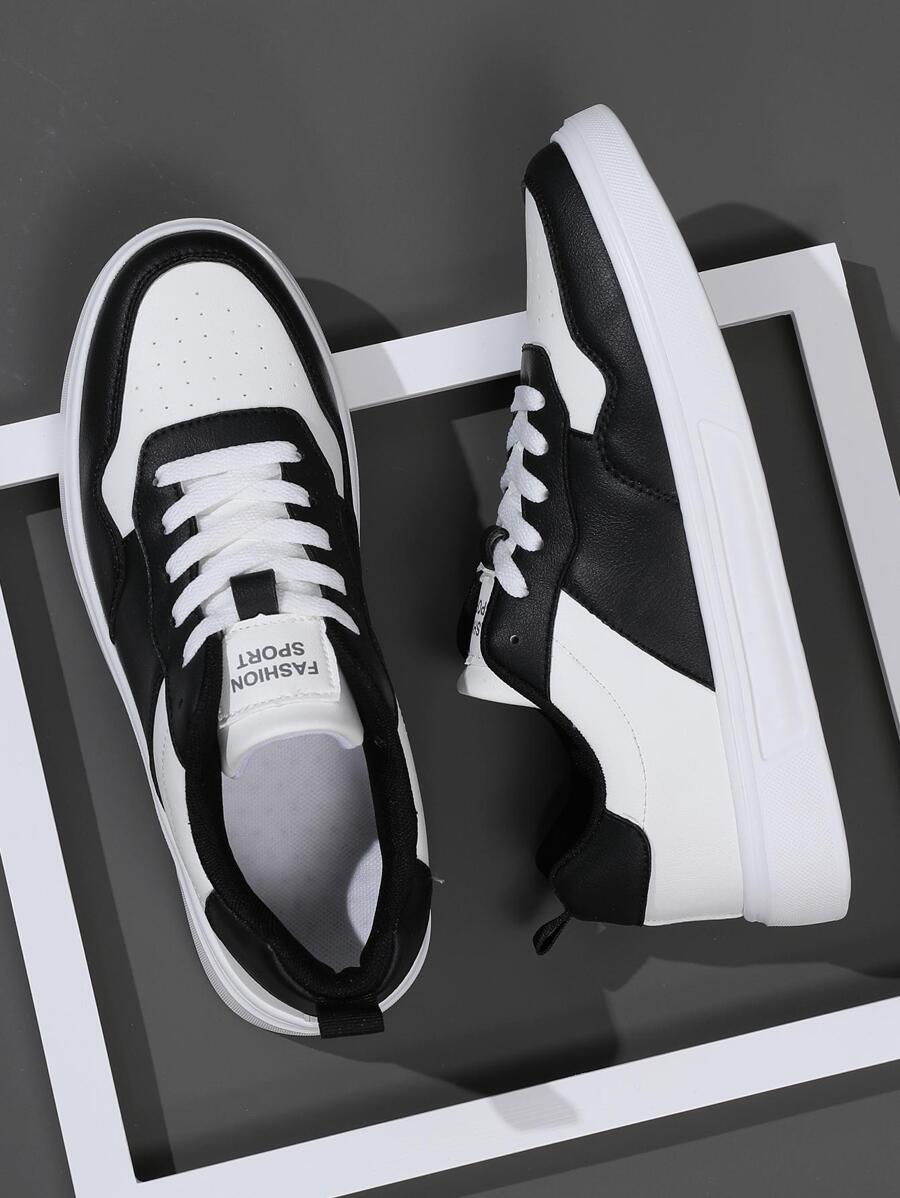Men Two Tone Lace-up Front Skate Shoes, Sporty Sneakers - Black and White - View 1