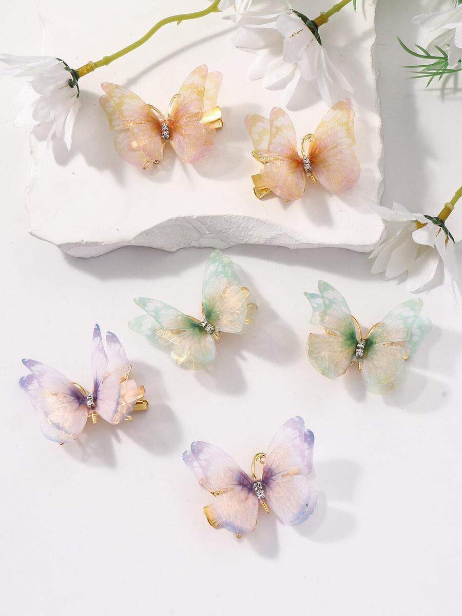6 piezas Chicas con diseño de diamante de imitación con diseño de mariposa Pinza de pelo de cocodrilo para pelo Decoración - Multicolor - Ver 1