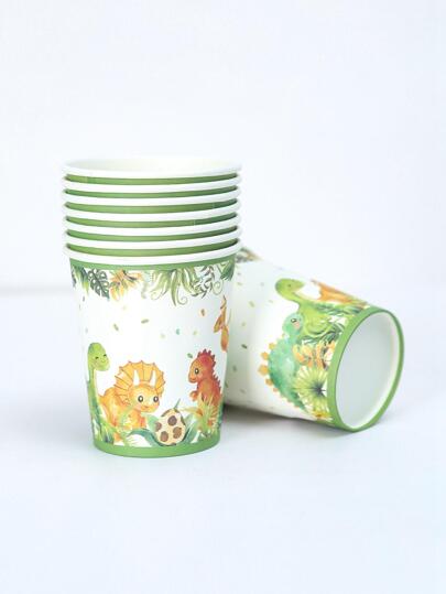 10pcs/Set Green Forest Animal Dinsaur Disposable Paper Cups, Disposable Cutlery Drinking Cup For Holiday Birthday Party, Birthday Decorations Birthday Room Decorations Birthday Kitchen Decorations, Kitchen Cooking Supplies Disposable Food Tray, Holiday Event Decoration, Dinosaur Decoration