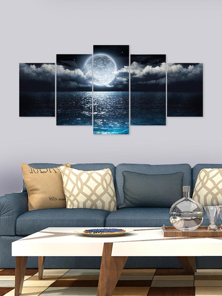 件/組 PVC 防水自黏牆貼，帶有圓形月亮、雲彩和海邊風景印花，非常適合客廳和臥室裝飾 - 彩色 - 查看 1