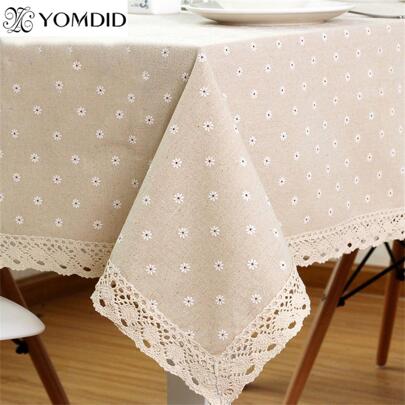 1pc Floral Pattern Lace Trim Tablecloth