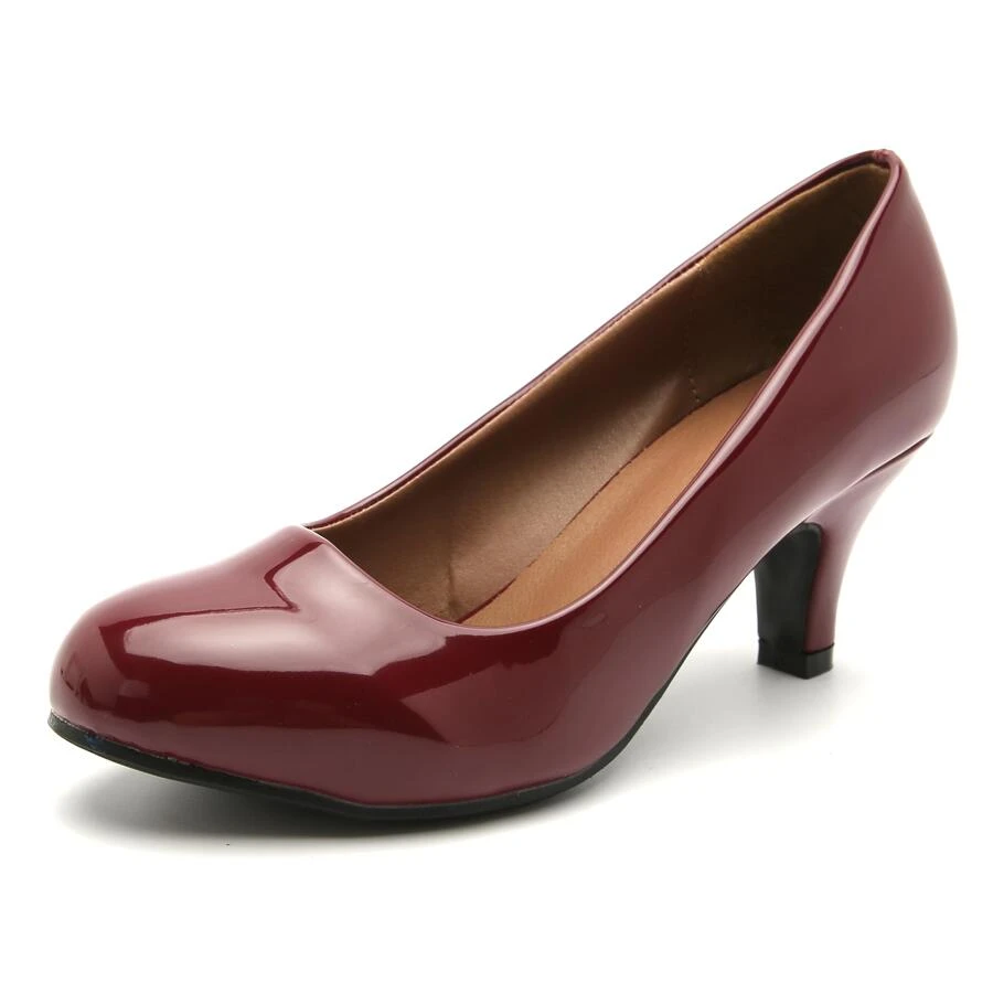 Women's Classic Round Toe Pump Kitten Low Heel Shoes - 酒紅色 - 查看 1