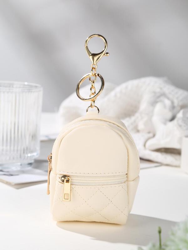 Beige Rhombic Lattice School Bag Shaped Pu Leather Key/Card Wallet Bag For Earphones Lipsticks Women Keychain Wallet Wallet Keychain For Women Wallet Mini Wallet Purse Wallet Coin Wallet