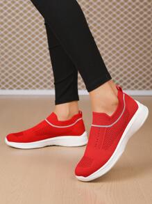 女性舒服的條紋圖案運動鞋,運動紅色的織物跑步鞋 - 酒紅色 - 查看 1