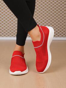 女性舒服的條紋圖案運動鞋,運動紅色的織物跑步鞋 - 酒紅色 - 查看 2