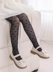 1 Pair Girls Soft Breathable Heart Pattern Mesh Stockings, Comfortable For Daily Wear Or Gift - Black - View 3