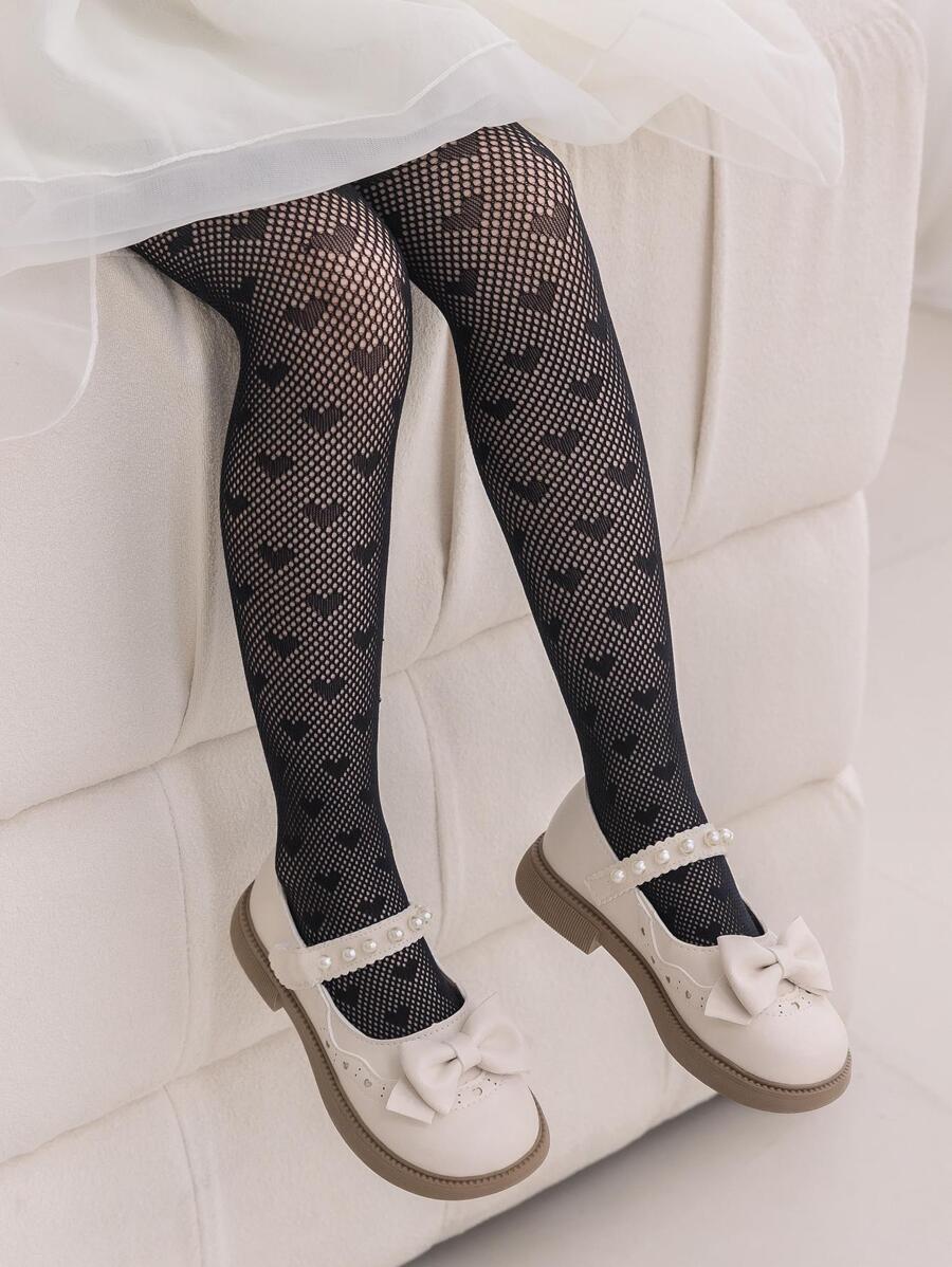 1 Pair Girls Soft Breathable Heart Pattern Mesh Stockings, Comfortable For Daily Wear Or Gift - Black - View 1