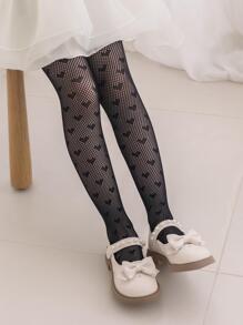 1 Pair Girls Soft Breathable Heart Pattern Mesh Stockings, Comfortable For Daily Wear Or Gift - Black - View 4