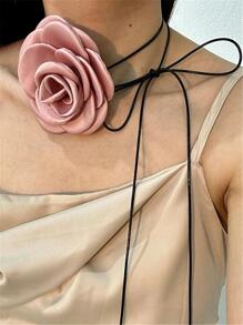 1入組復古法語貝殼邊花朵印花繫帶領長鏈項鍊適合女士 - 藕粉色 - 查看 1