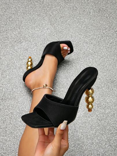 Women Single Band Sculptural Heeled Sandals, Elegant Black Fabric Mule Sandals