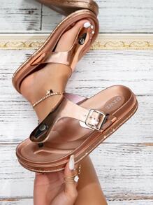 女性舒服的金屬質感搭扣裝飾人字拖,魅力四射夏天PVC人字拖 - 香檳色 - 查看 4