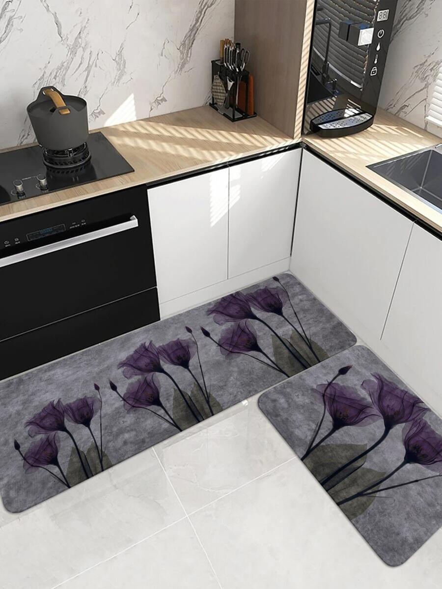 1 tấm thảm trải sàn nhà bếp họa tiết hoa đơn giản màu xám - Nhiều màu - Xem 1