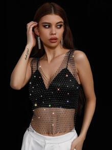 Women Mesh Body Chains Rhinestone Crystal See Through Cover up Crop Tops Fishnet Bikini - White - View 5