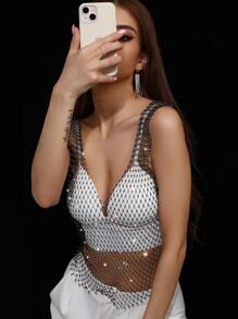 Women Mesh Body Chains Rhinestone Crystal See Through Cover up Crop Tops Fishnet Bikini - White - View 4