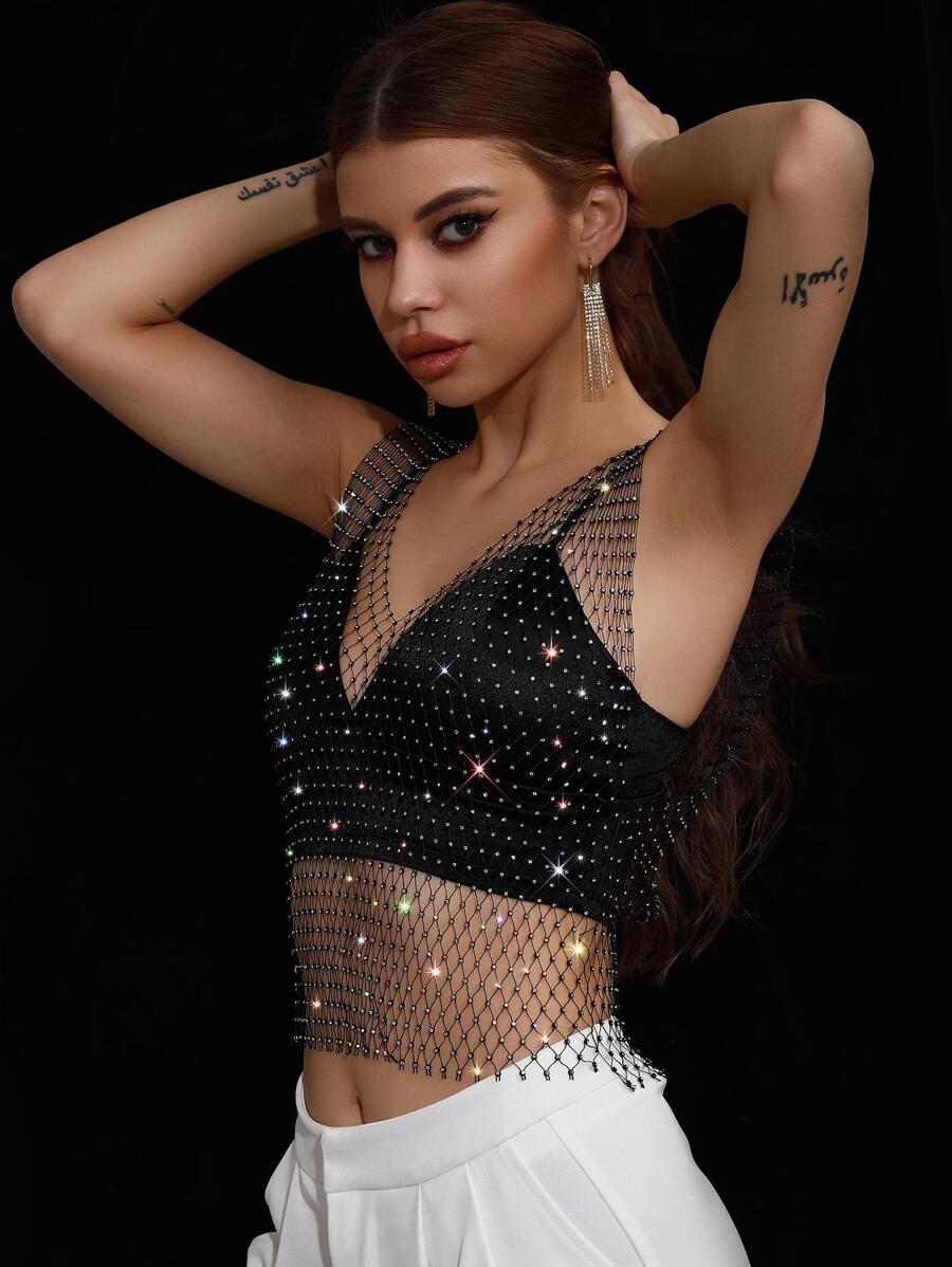 Women Mesh Body Chains Rhinestone Crystal See Through Cover up Crop Tops Fishnet Bikini - White - View 1