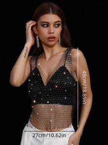 Women Mesh Body Chains Rhinestone Crystal See Through Cover up Crop Tops Fishnet Bikini - White - View 2