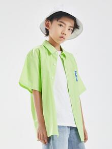 男大童日式翻領短袖T恤休閒字母印花夏季襯衫 - 青檸色 - 查看 7