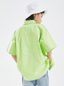 男大童日式翻領短袖T恤休閒字母印花夏季襯衫 - 青檸色 - 查看 8