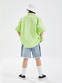 男大童日式翻領短袖T恤休閒字母印花夏季襯衫 - 青檸色 - 查看 5