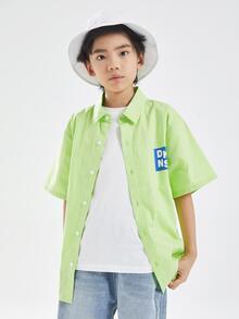 男大童日式翻領短袖T恤休閒字母印花夏季襯衫 - 青檸色 - 查看 1